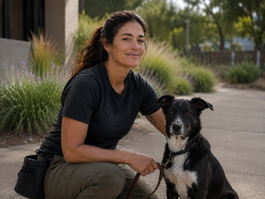 Dontsis Obedience trainer kneeling beside a black and white dog