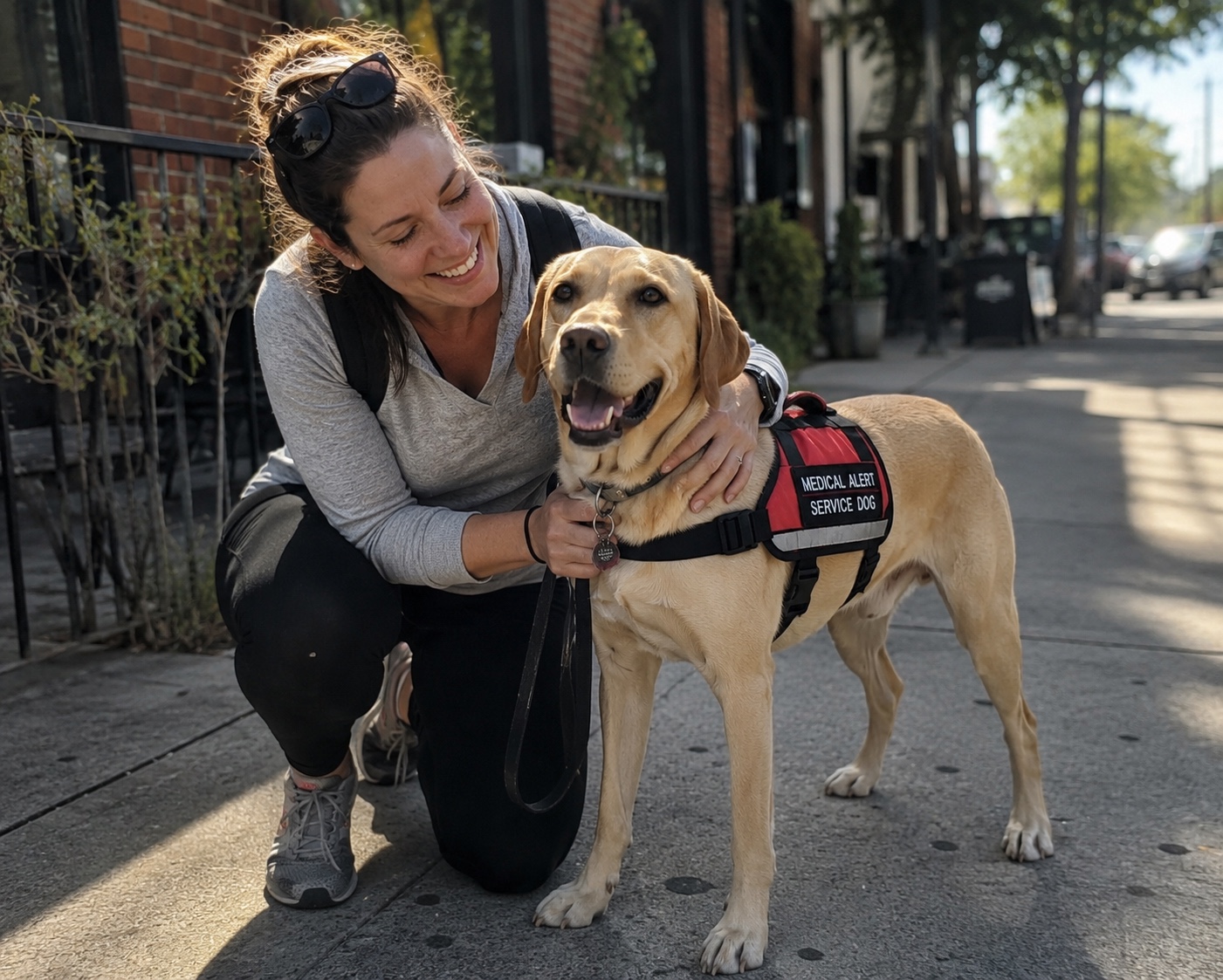 Handler with a Labrador medical alert service dog during public-access training