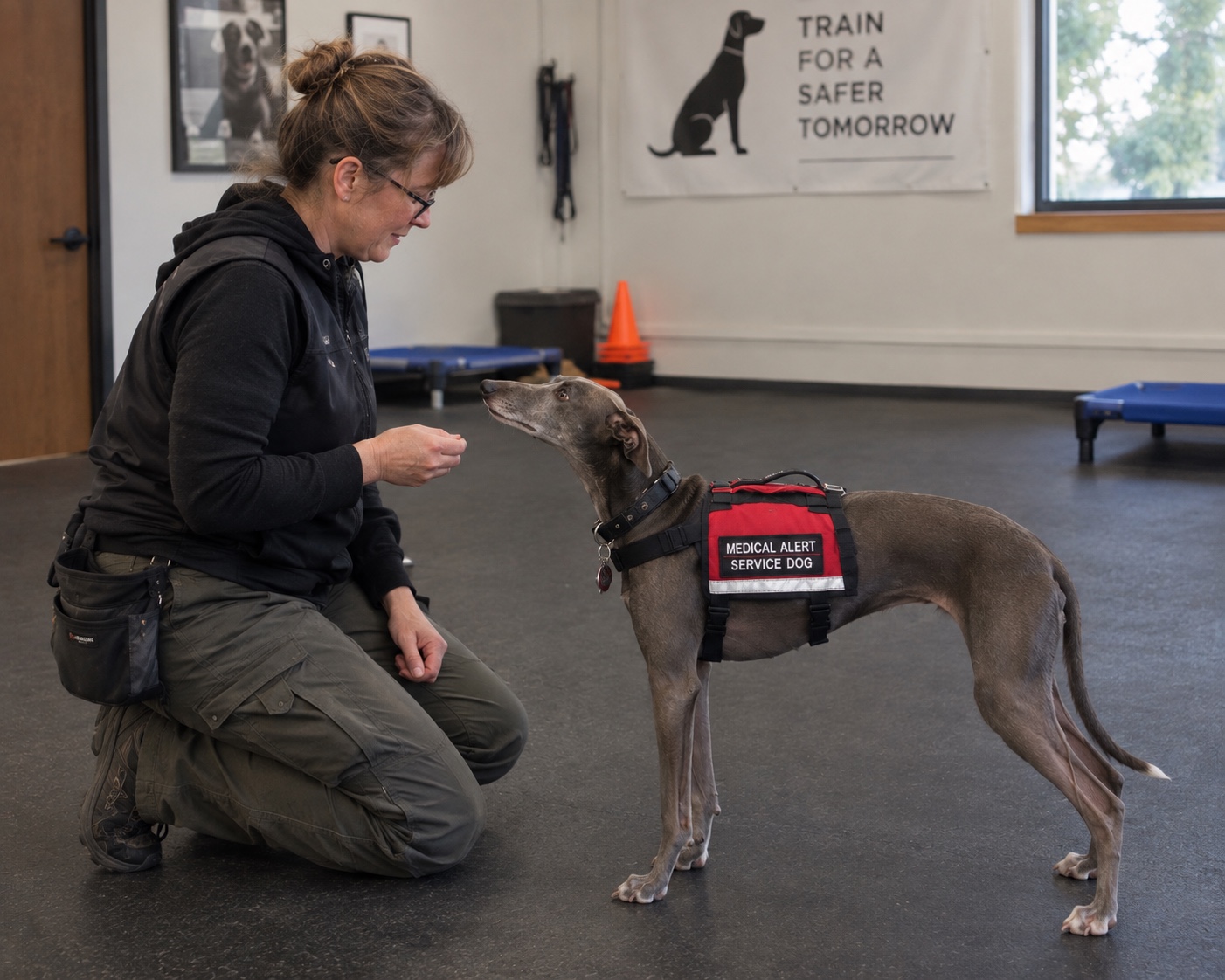 Trainer working with a greyhound medical alert service dog indoors